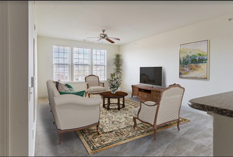 a living room with a couch and chairs and a tv